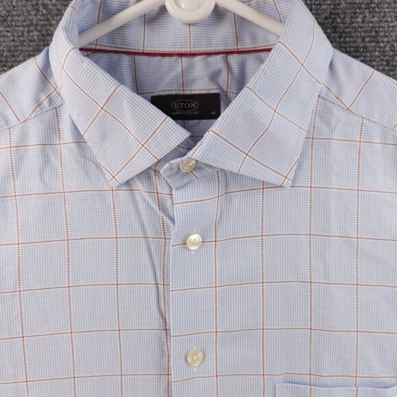 Eton Blue Orange Check 18 Button Up Convertible Cuff Pocket Long Sleeve Shirt - Picture 2 of 16